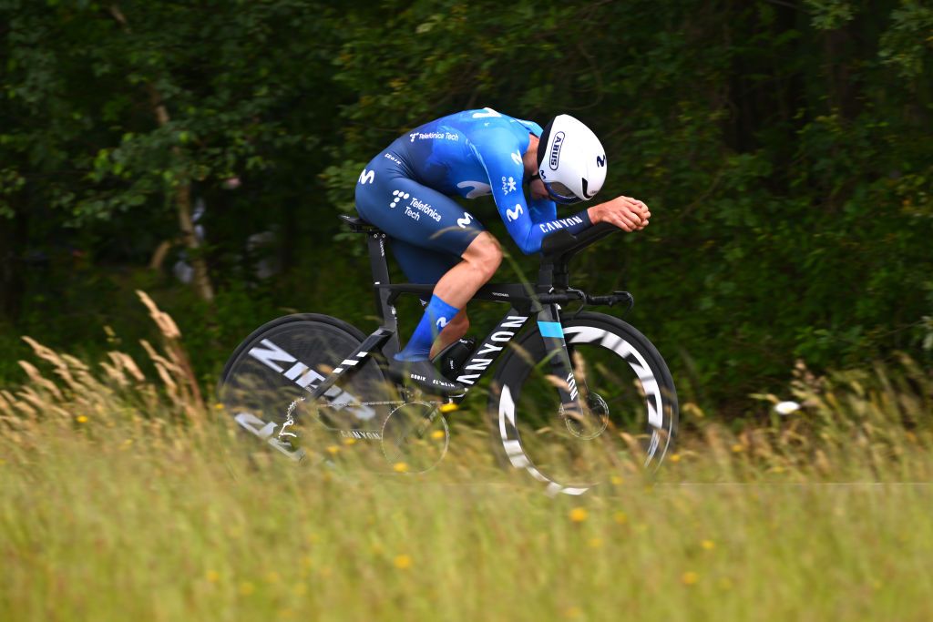 TURNHOUT BELGIUM JUNE 12 Alex Aranburu of Spain and Movistar Team sprints during the 93rd Baloise Belgium Tour 2024 Stage 1 a 12km individual time trial stage from Beringen to Beringen on June 12 2024 in Beringen Belgium Photo by Luc ClaessenGetty Images