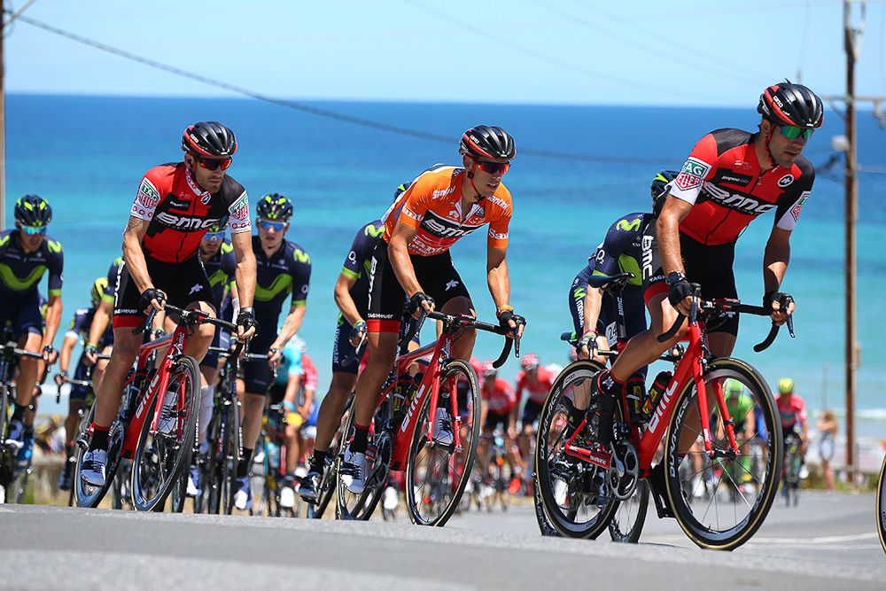 Richie Porte surrounded by teammates during stage 5