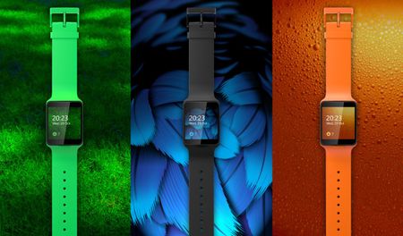 Three smartwatches with vibrant straps: green on grass, black against blue feathers, and orange with water droplets, each showing the time 20:23.