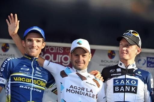 Romain Feillu (Vacansoleil), Anthony Ravard (AG2R) and Matti Breschel (Saxo Bank) on the podium at Paris-Bourges.