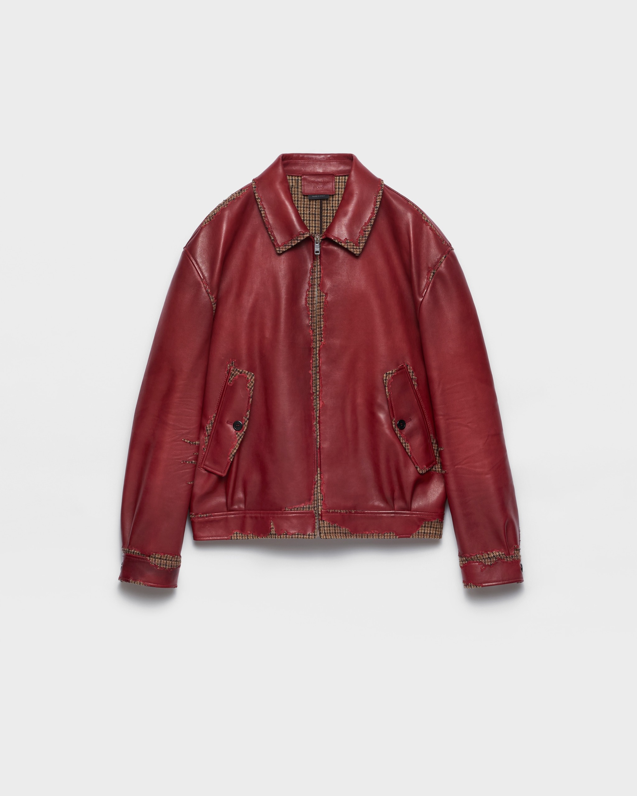 Bonded Nappa Leather and Houndstooth Check Fabric Jacket - Ruby Red