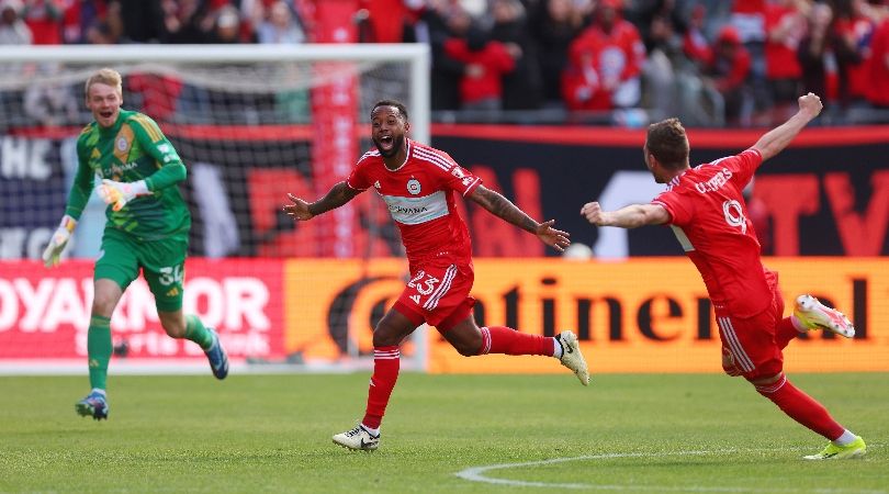 Chicago Fire players celebrate a late winner against Montreal in MLS in March 2024.