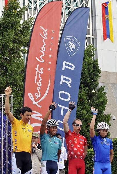 All of the jersey holders before the start of stage 6: Tobias Erler (yellow), Anuar Manan (green), Peter McDonald (red polka dot), Taiji Nishitani (blue).