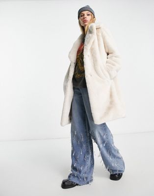 Bershka longline teddy fur coat in ecru
