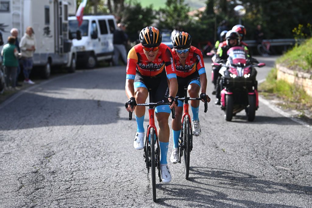 OSIMO ITALY MARCH 11 LR Nikias Arndt of Germany and Santiago Buitrago Sanchez of Colombia and Team Bahrain Victorious compete in the chase group during the 58th TirrenoAdriatico 2023 Stage 6 a 193km stage from Osimo Stazione to Osimo 252m UCIWT TirrenoAdriatico on March 11 2023 in Osimo Italy Photo by Tim de WaeleGetty Images