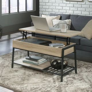 Sauder North Avenue Lift Top Coffee Table in wood with black metal accents