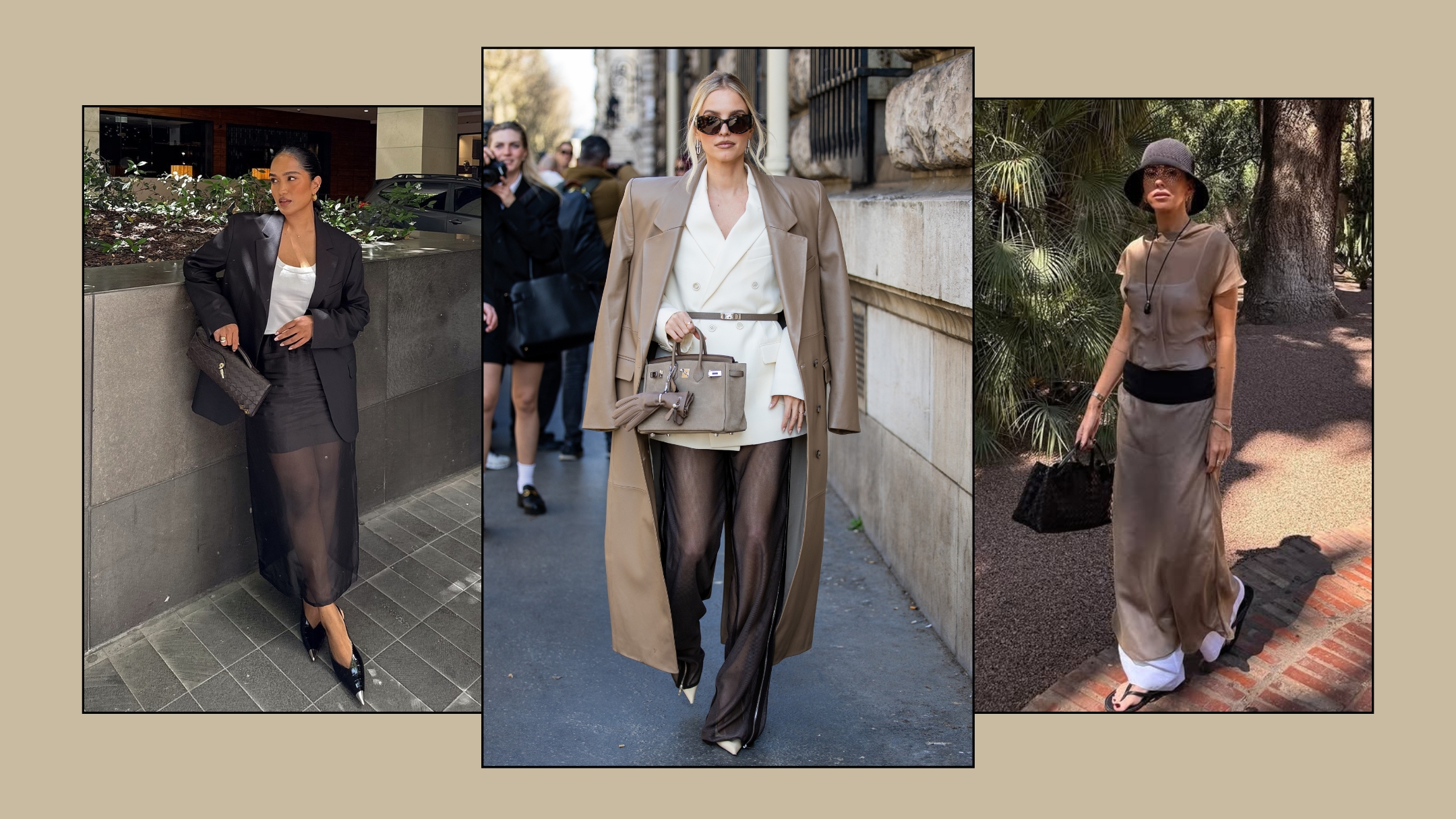 Sheer looks and garments worn by Div Ravindran, Leonie Hanne (via Getty Images) and Hannah Lewis.
