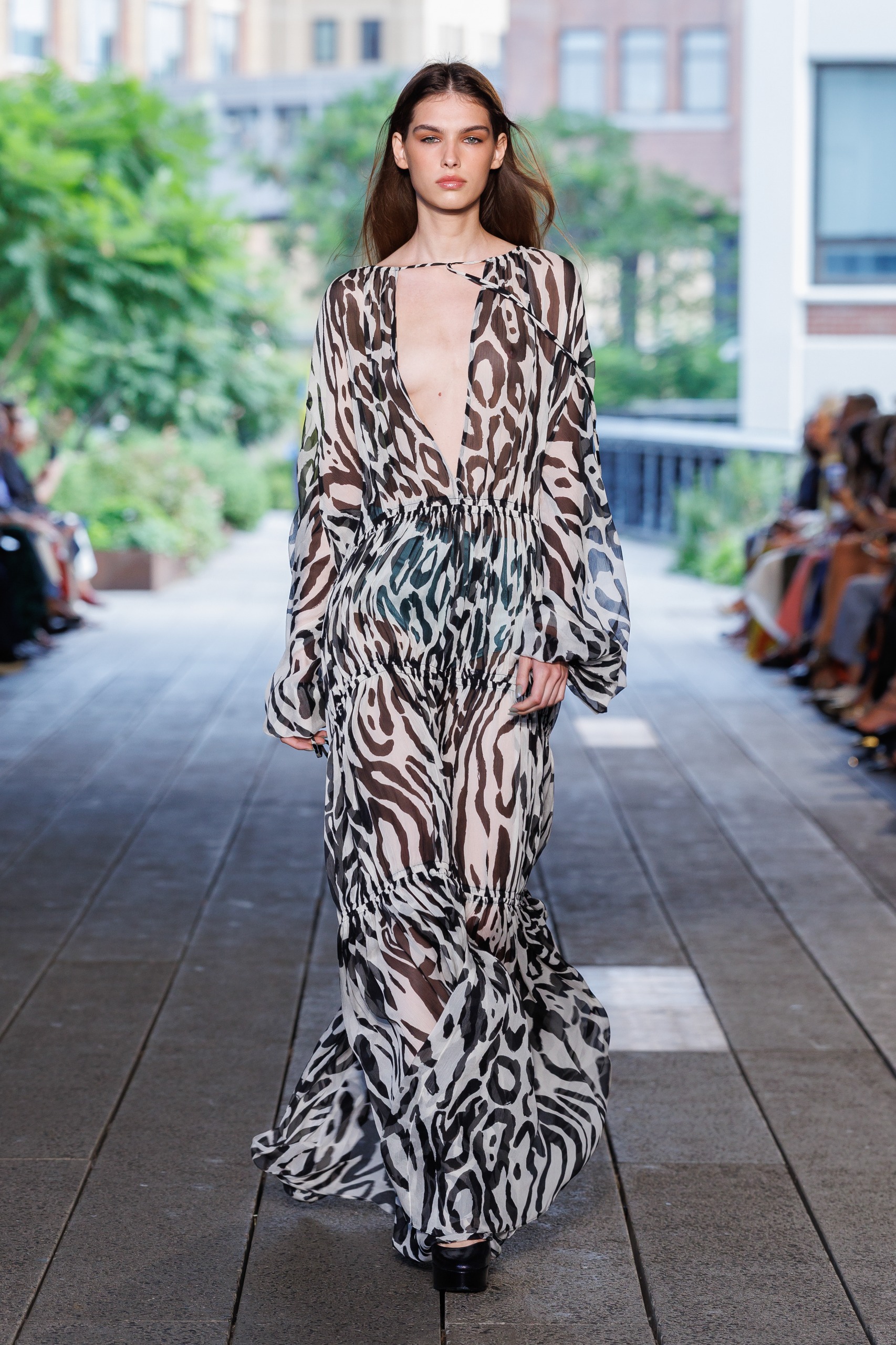 A model on the DVF Spring 2027 runway at New York Fashion Week.