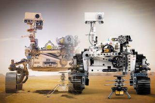 The new NASA Mars Rover Perseverance Lego Technic model reproduces the six-wheeled explorer and its flying companion now on the Red Planet.