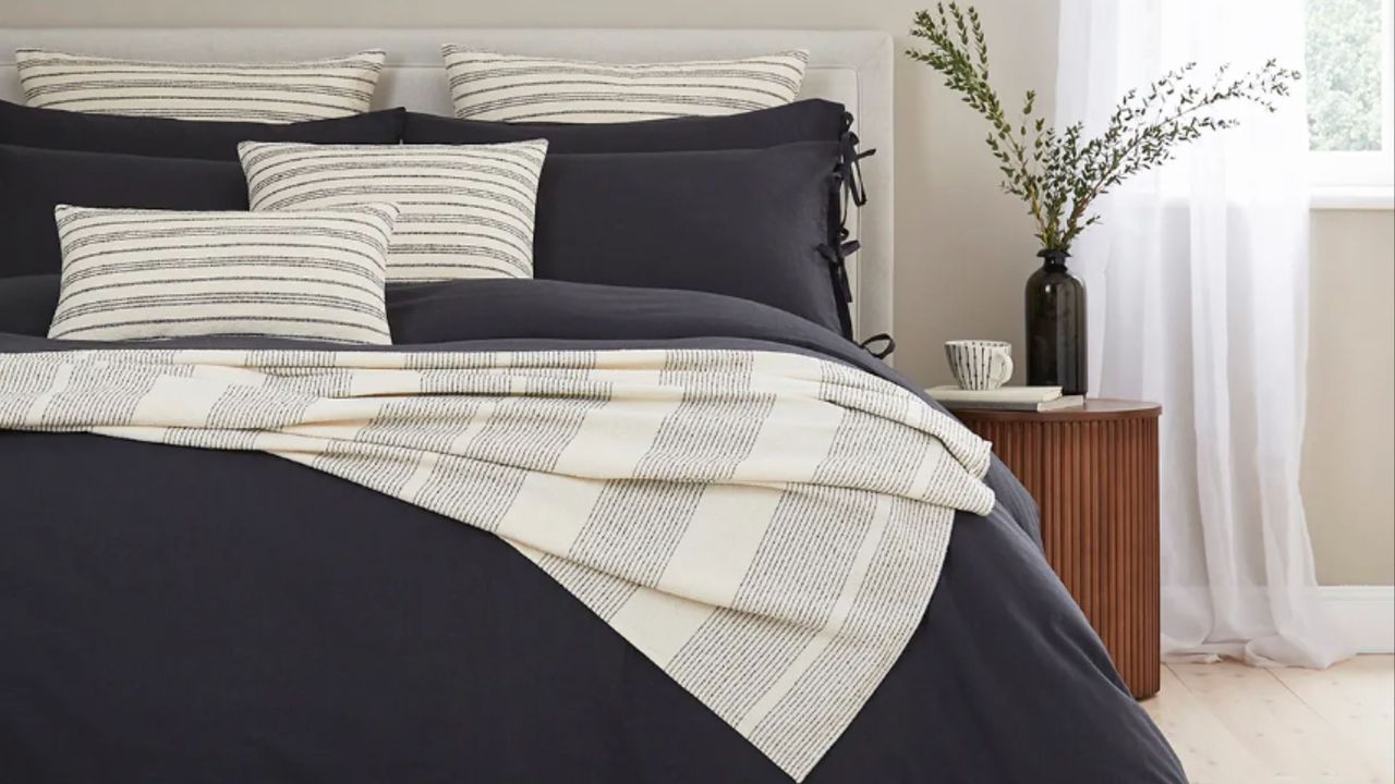 DUSK striped throw blanket charcoal on black bedding