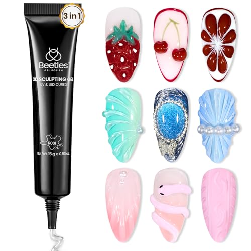 Beetles 3d Gel Nail Art, 1pcs 15ml Sculpting Gel 3 in 1 Clear No Wipe Nail Polish Rhinestone Art Glue for Nail Gems Diamond Jewelry U V Led Lamp Needed Diy Home Salon Nails Gifts for Women