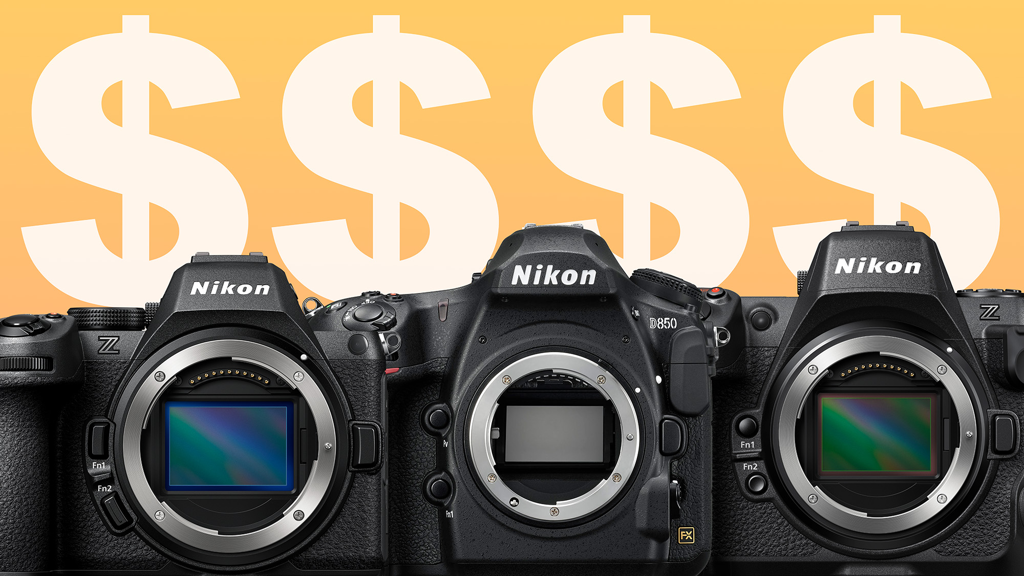 Nikon cameras in front of dollar signs on an orange background 