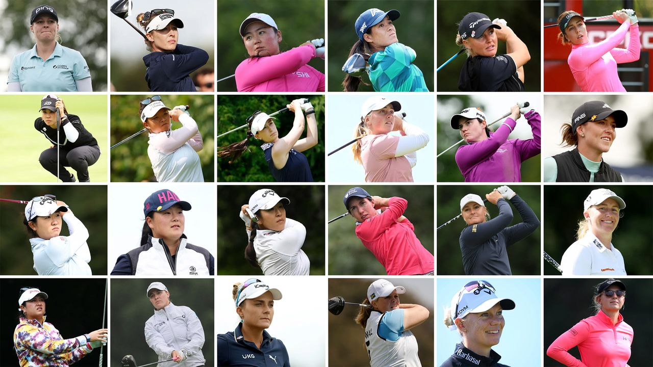 A montage of 24 female golfers who are all playing in the 2023 Solheim Cup