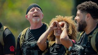 Mel B looking up at the sky in Celebrity Bear Hunt