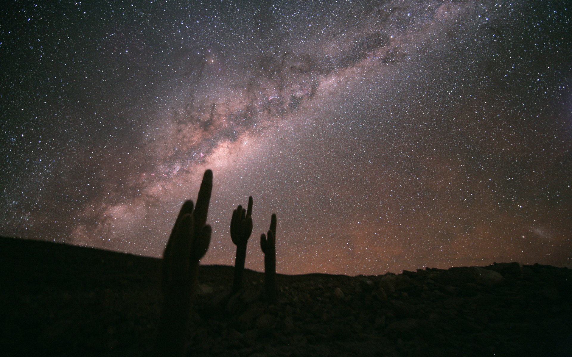 The Milky Way is seen in all its glory, as well as, in the lower right, the Large Magellanic Cloud.