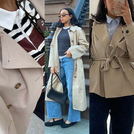 a collage of Lauren Tappan wearing trench coats 