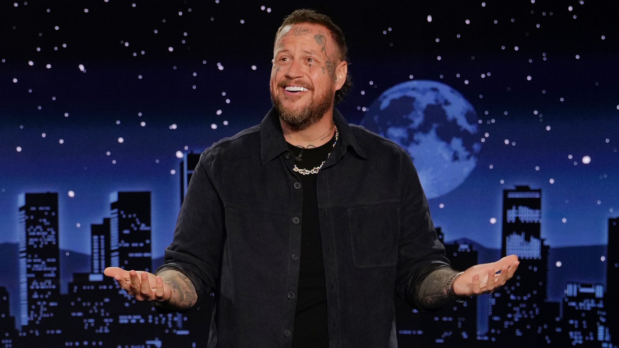 Jelly Roll delivers his monologue as a guest host on Jimmy Kimmel Live!.
