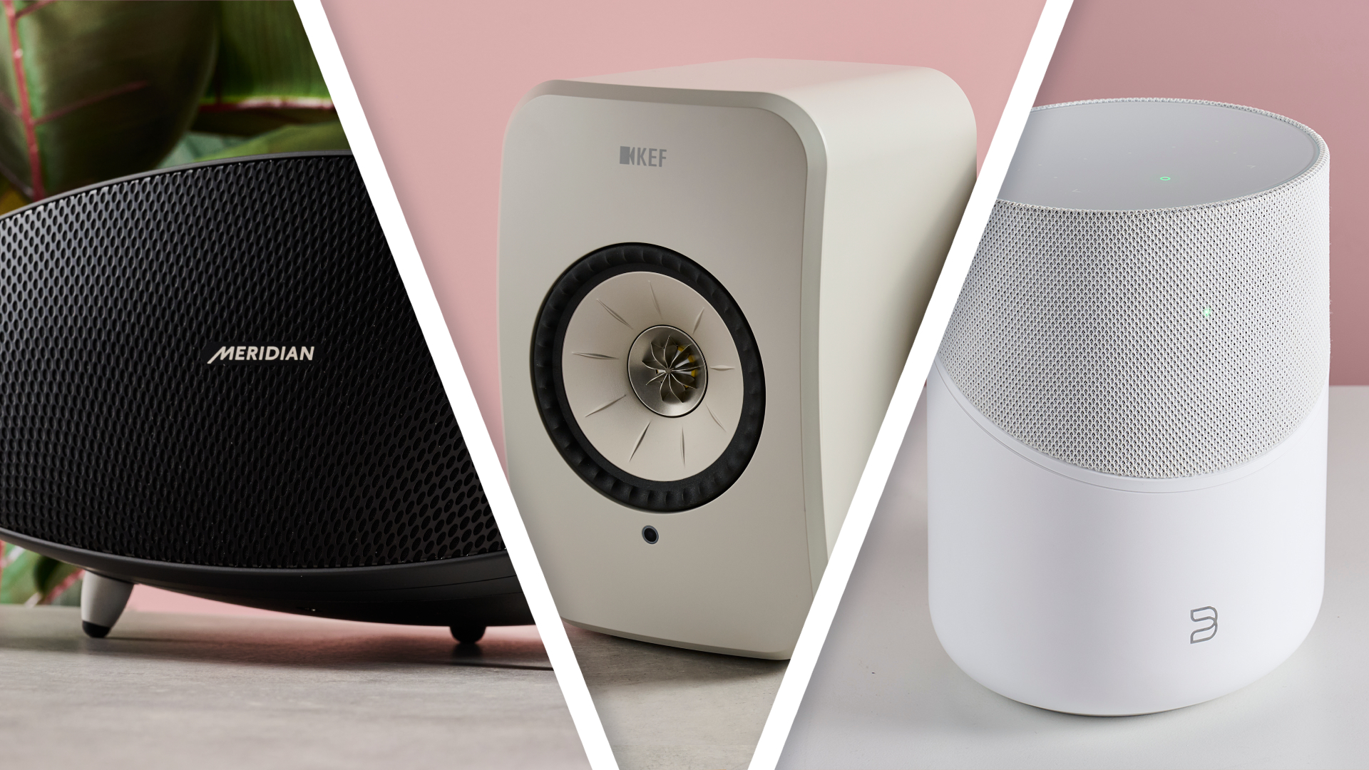 A triptych image featuring the Meridian Ellipse, KEF LSX II LT and the Bluesound Pulse M.