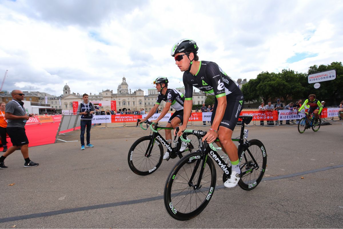Ryan Gibbons (Dimension Data) riding to the RideLondon start