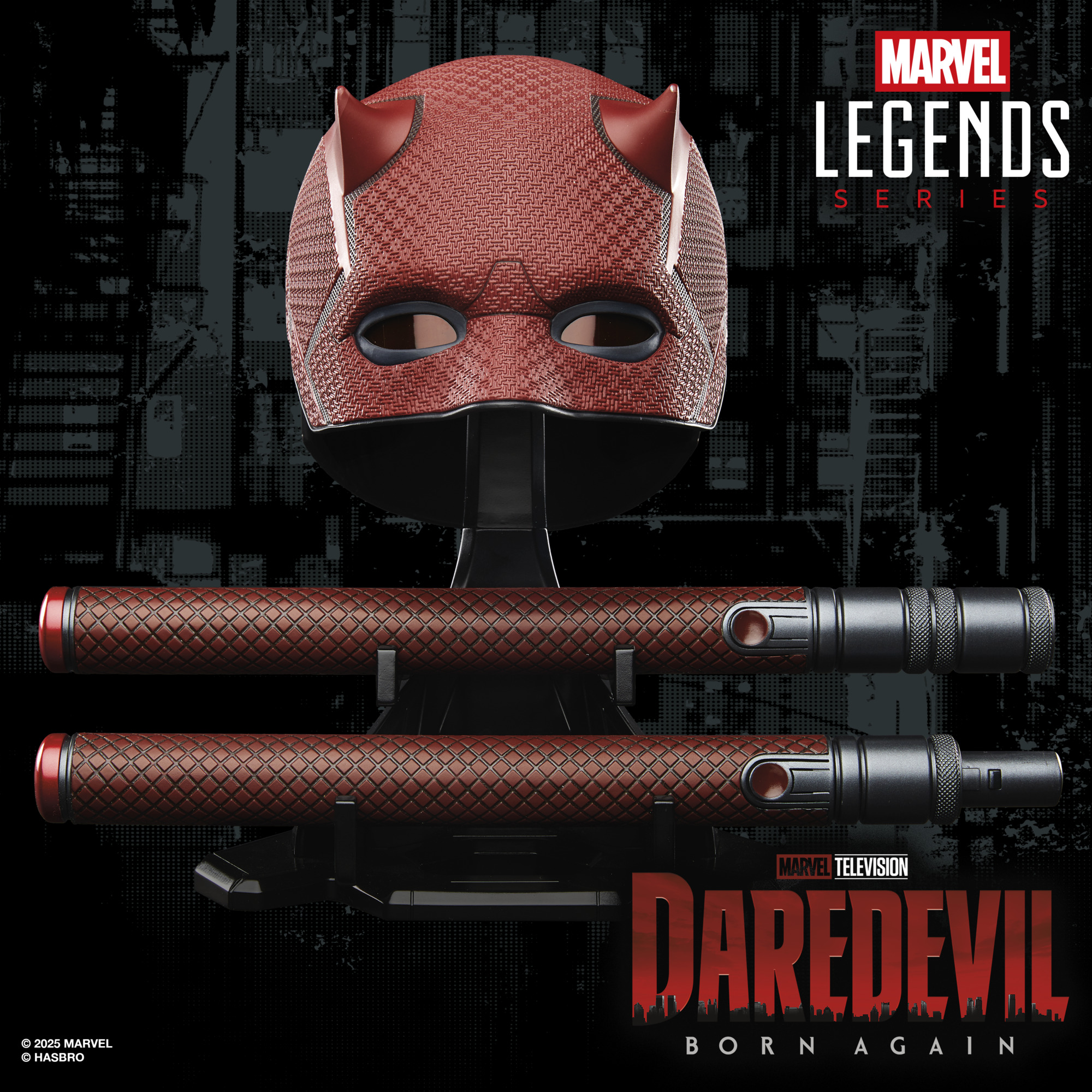 Marvel Legends Series Daredevil replica helmet and Billy Club against a dark background with a city-scape pattern, alongside the Marvel Legends Series and Daredevil: Born Again logos