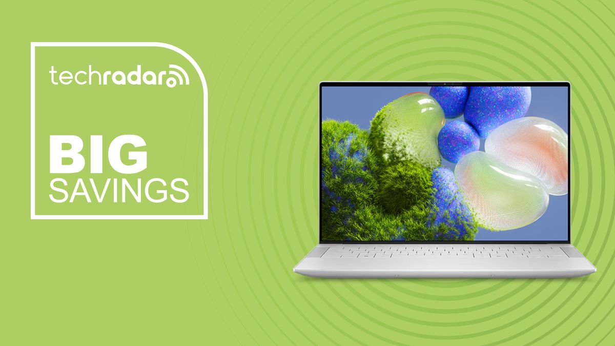 Dell XPS 14 on green background with big savings text overlay