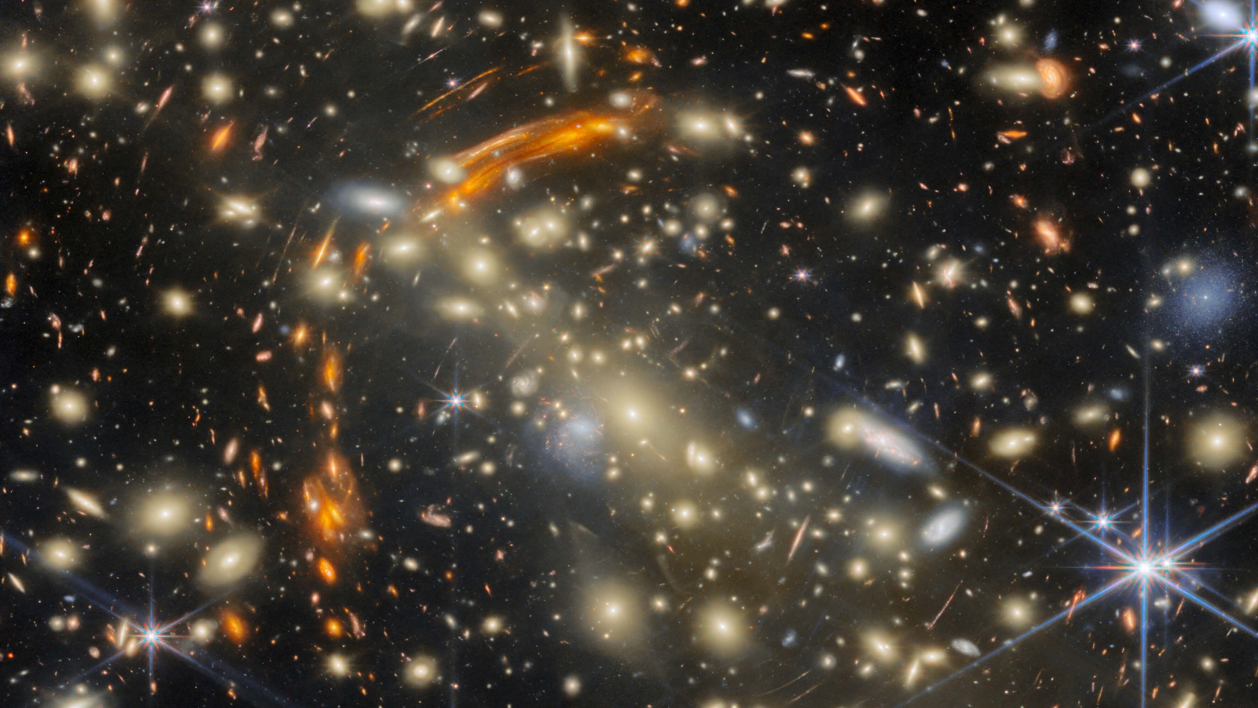 Galaxy cluster gravitationally lensing another, more distant galaxy cluster. 