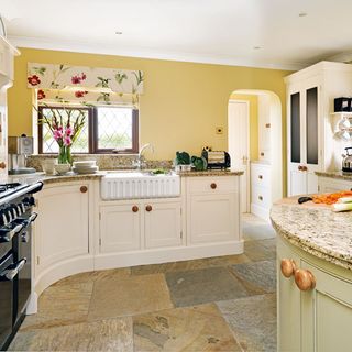 kitchen room with yellow wall and tiled flooring