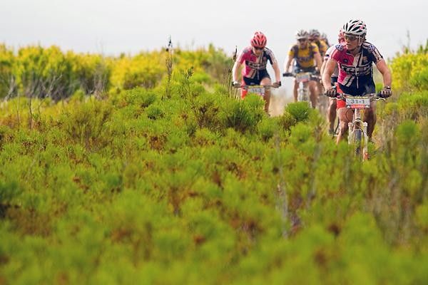 Sue Haywood leads through a brusy section.