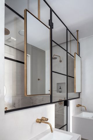 Small bathroom layout ideas mirror hung from ceiling