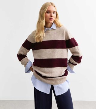 New Look, Burgundy Wide Stripe Crew Neck Jumper