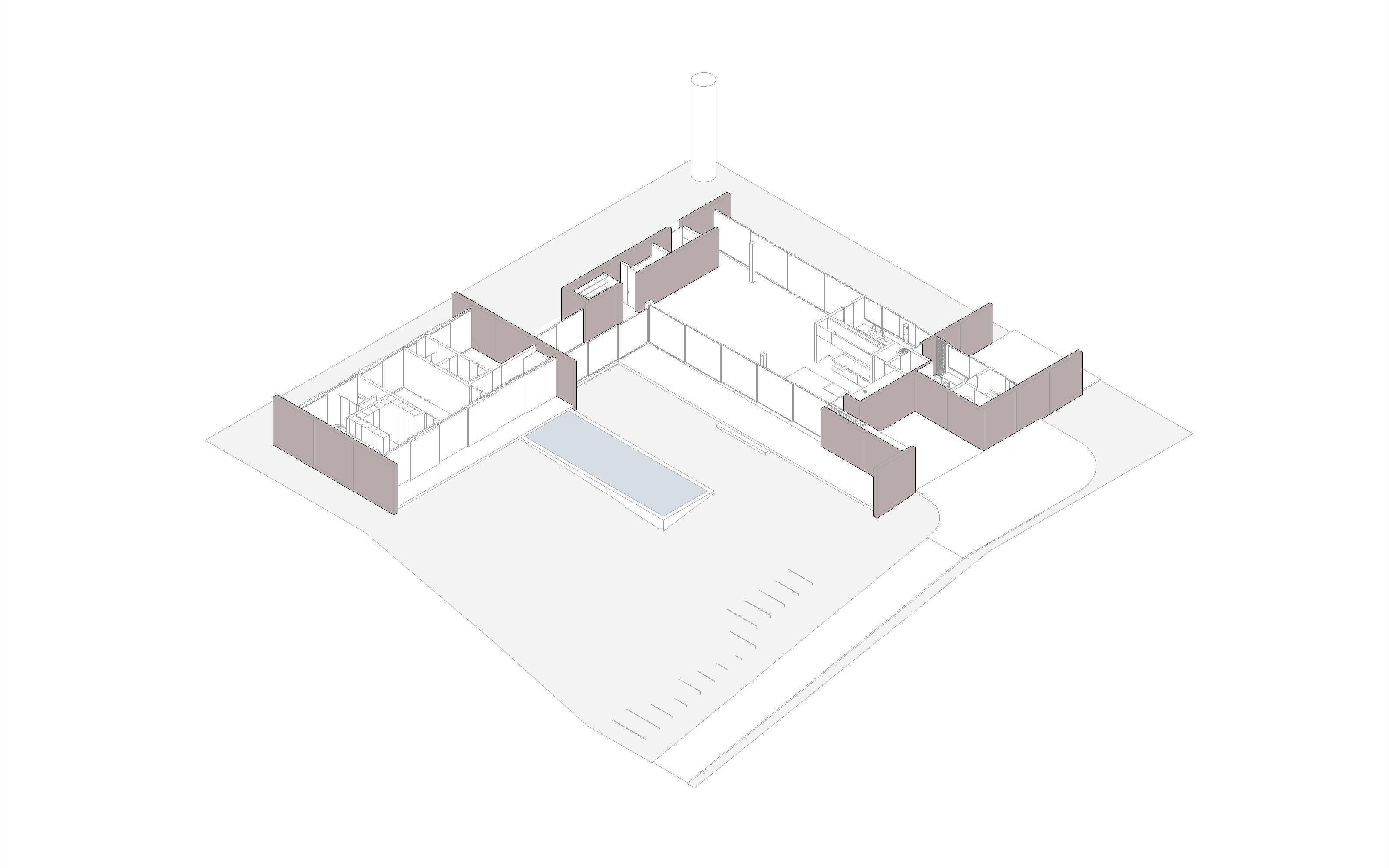 Axonometric drawing showing the walls formed from rammed earth