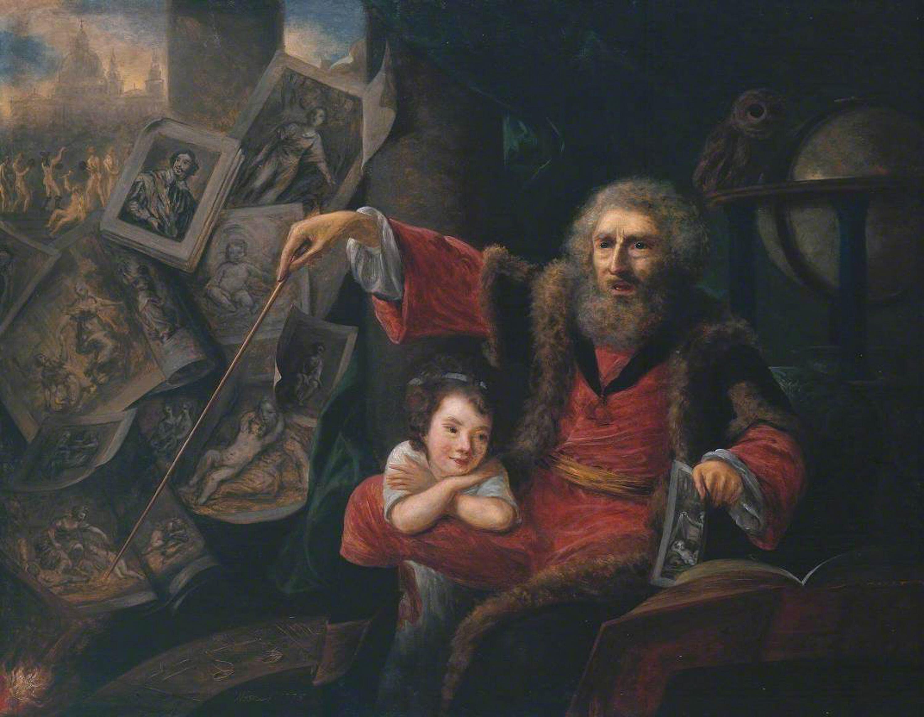 A painting of a conjuror, dressed in red robes