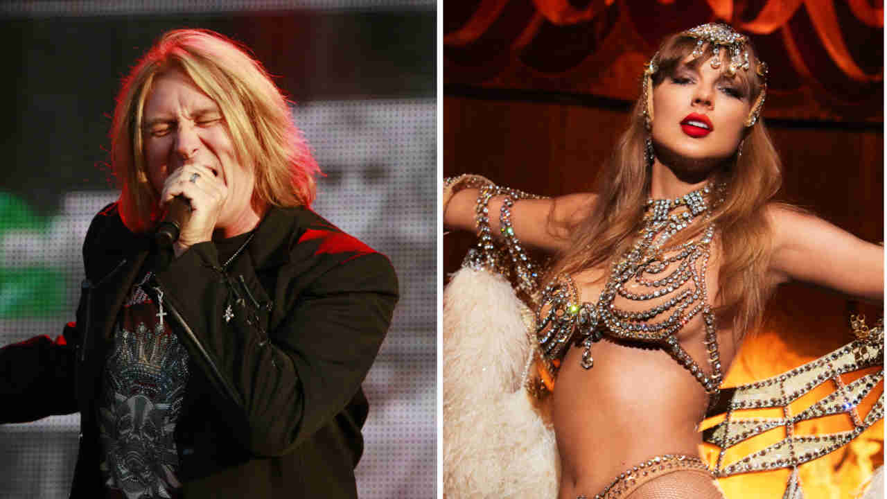 A composite photograph of Joe Elliott of Def Leppard performing live and Taylor Swift in showgirl outfit