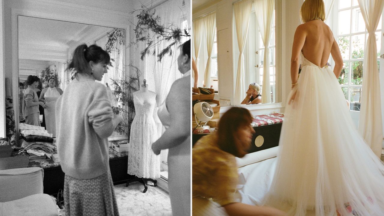 a collage of designer Patricia Voto helping two women at fittings for their One Of wedding gowns at One Of&#039;s Upper East Side studio