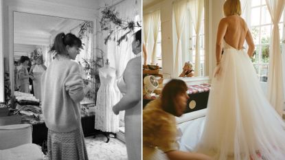 bridal designer patricia voto stands in her studio with a bride while evaluating her outfit