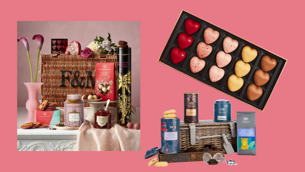 A collage of chocolate and alcoholic treats - items from our selection of the best Valentine&#039;s Day hampers 2022