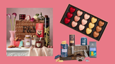 A collage of chocolate and alcoholic treats - items from our selection of the best Valentine's Day hampers 2022