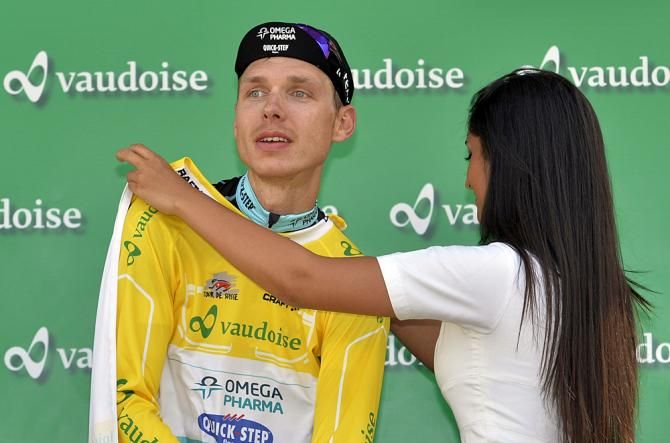 Tony Martin (Omega Pharma-QuickStep) on the stage 3 podium at the Tour de Suisse