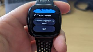fitbit versa 4 with google maps open, showing pause and exit options