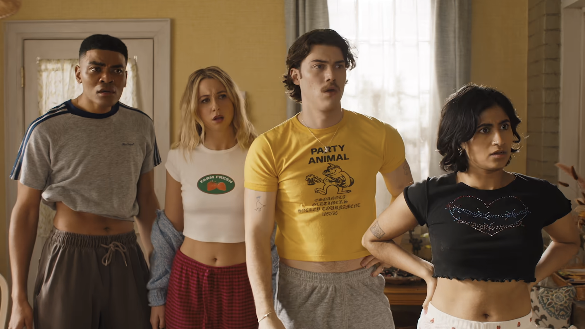 Anton, Billie, Paul Baker and Issa in crop tops in Adults Season 2