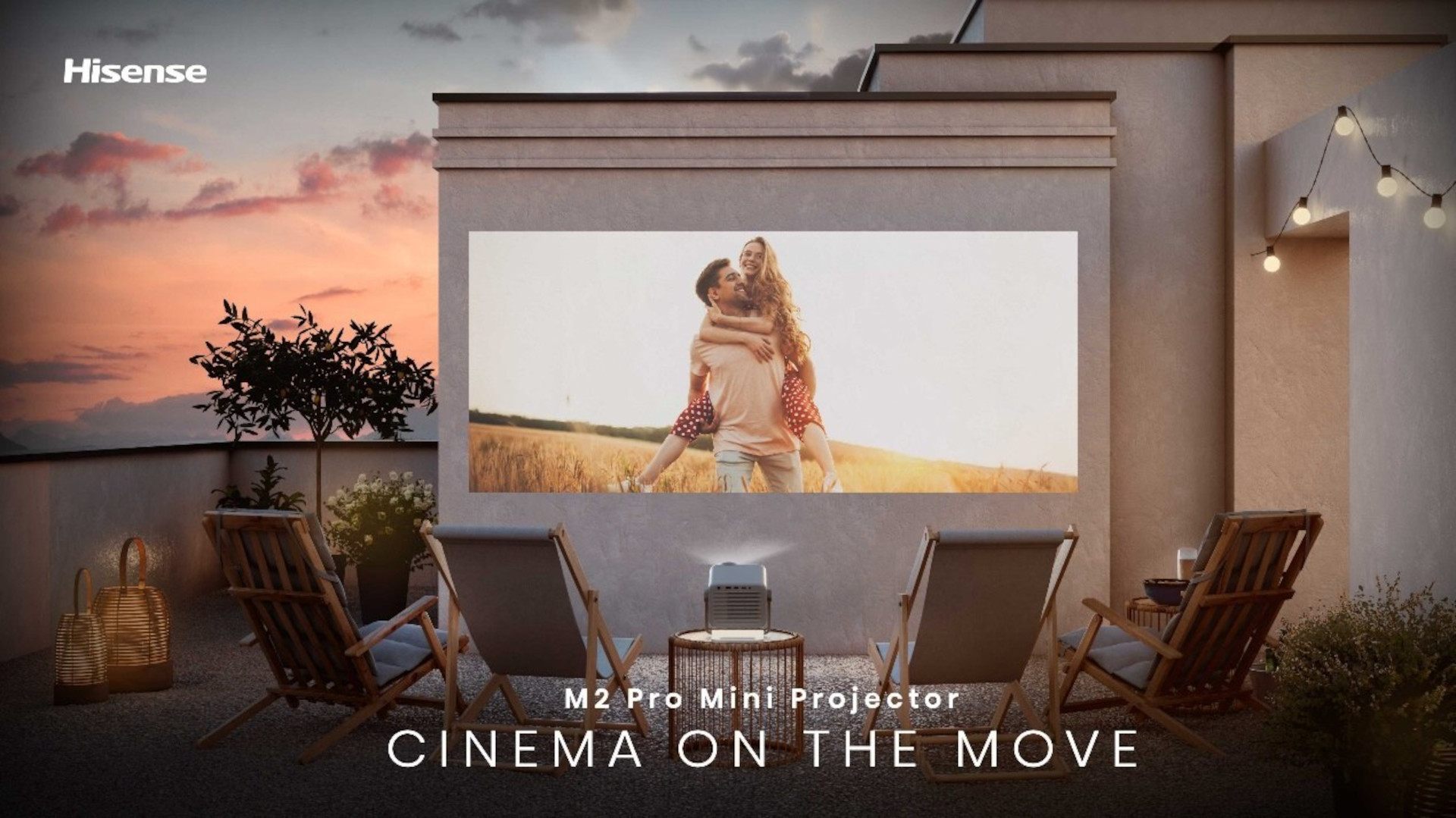Hisense M2 Pro projector in backyard