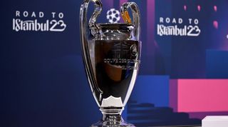 When is the Champions League final 2023? The Champions League trophy on a plinth with 'Road to Instanbul 23' written in the background