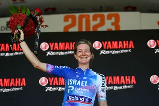 URAIDLA AUSTRALIA JANUARY 16 Claire Steels of United Kingdom and Team Israel Premier Tech Roland celebrates at podium as most combative rider during the 7th Santos Womens Tour Down Under 2023 Stage 2 a 90km stage from National Motor Museum Car Park Birdwood to Greenhill Road Uraidla TourDownUnder UCIWWT on January 16 2023 in Uraidla Australia Photo by Tim de WaeleGetty Images