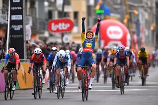 DE PANNE BELGIUM MARCH 21 Elisa Balsamo of Italy and Team Lidl Trek celebrates at finish line as race winner ahead of LR Chiara Consonni of Italy and UAE Team ADQ Daria Pikulik of Poland and Team Human Powered Health and Charlotte Kool of The Netherlands and Team dsmfirmenich PostNL during the 7th Womens Classic BruggeDe Panne 2024 a 155km one day race from Brugge to De Panne on March 21 2024 in De Panne Belgium Photo by Luc ClaessenGetty Images