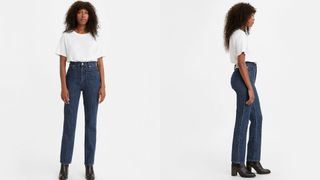 composite of model wearing levis wellthread sustainable dark blue straight denim jeans