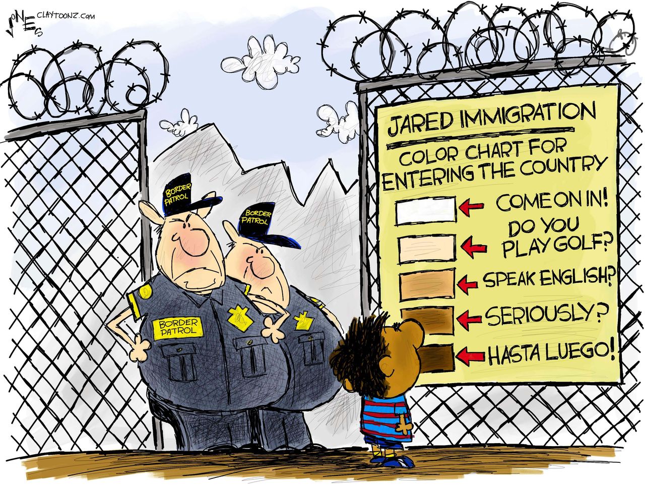 Political Cartoon U.S. Trump border control immigration racism english hasta luego