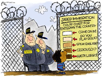 Political Cartoon U.S. Trump border control immigration racism english hasta luego