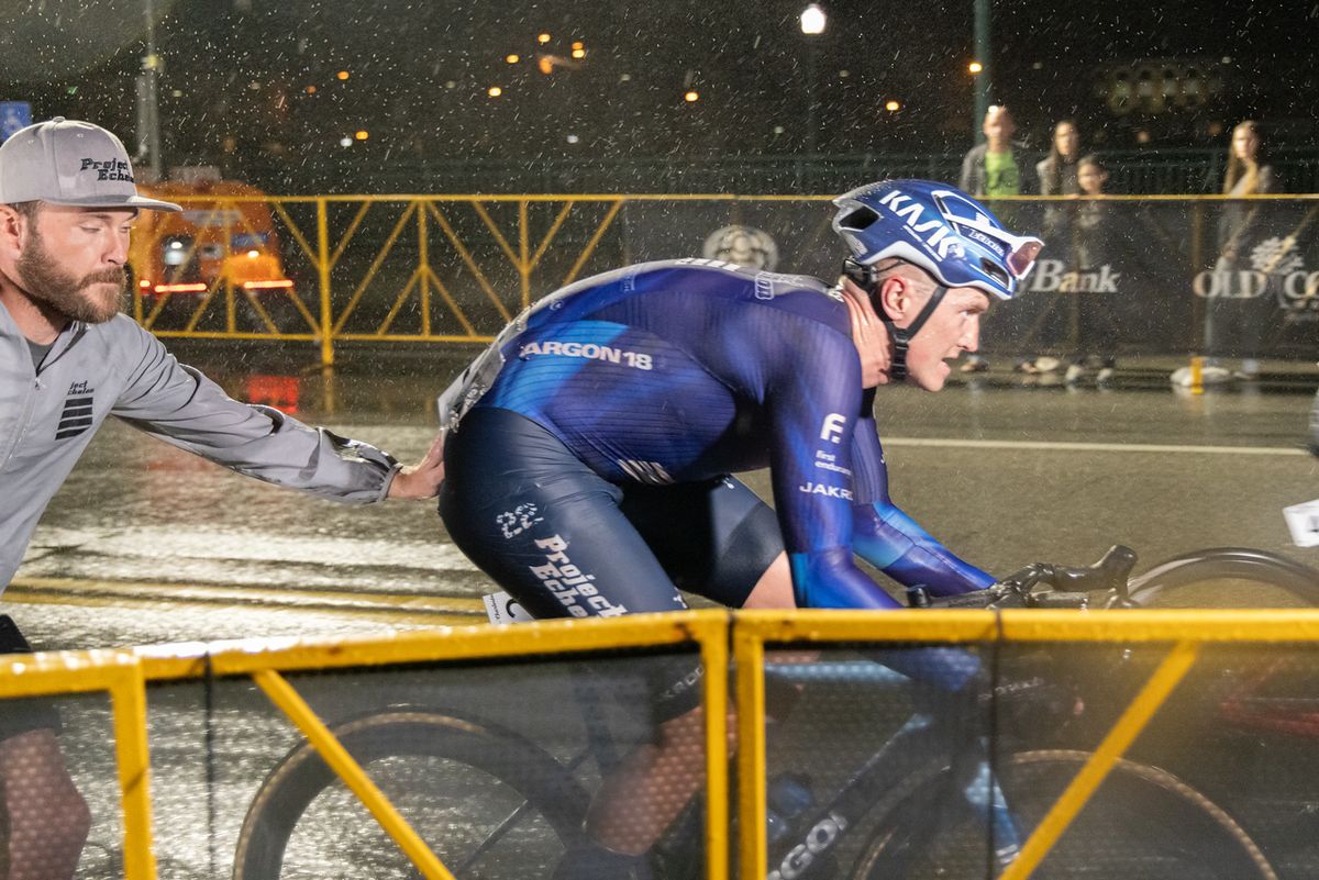 The wet conditions saw a number of riders slide out in corners and skid across the ground. Colby Lange (Project Echelon) was reinserted into the race after one such incident.