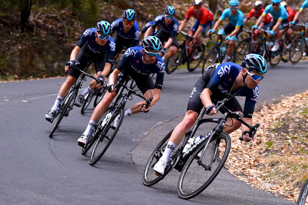 Team Sky riders take a corner during stage 3 at the Tour Down Under