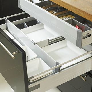 kitchen with black storage unit and drawers